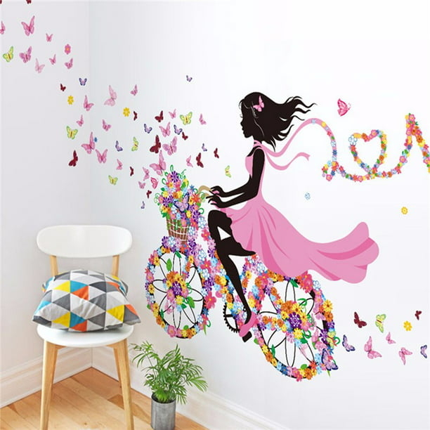 Peel and Stick Removable Flower Fairy Wall Stickers Wall Mural for Kids Girls Nursery Bedroom Girl Riding Bicycle with Butterfly Wall Sticker Wall Decal Flower Fairy on Bike 